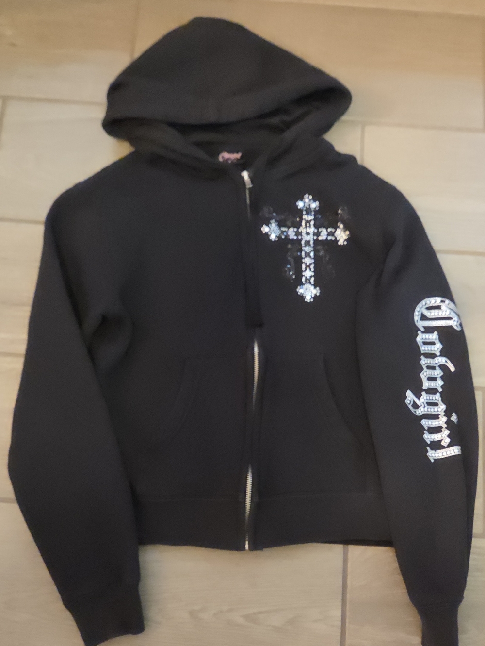 Black Womens Zip-Up Hoodie with Sequin Cross and Script Sleeve
